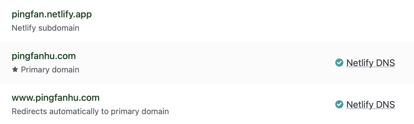 Figure 1: Both my personal domain and netlify-assigned domain are functioning. Plus, there is a re-direction from www by default.