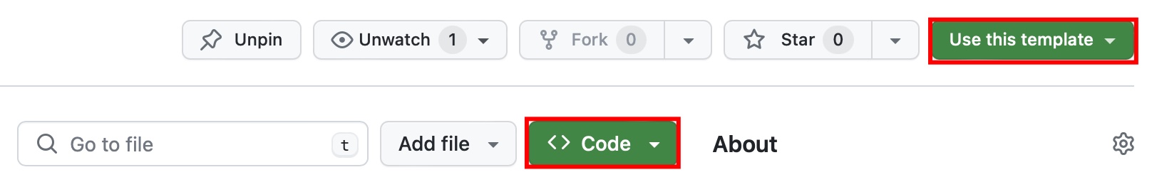 Figure 2: On the top right of the page, either click on the “Code” or the “Use this template” button to clone my repo as your own.