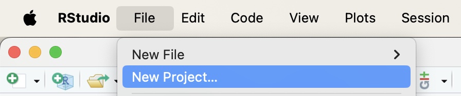 Figure 3: Launch RStudio and click on “New Project…” from the “File” drop-down menu