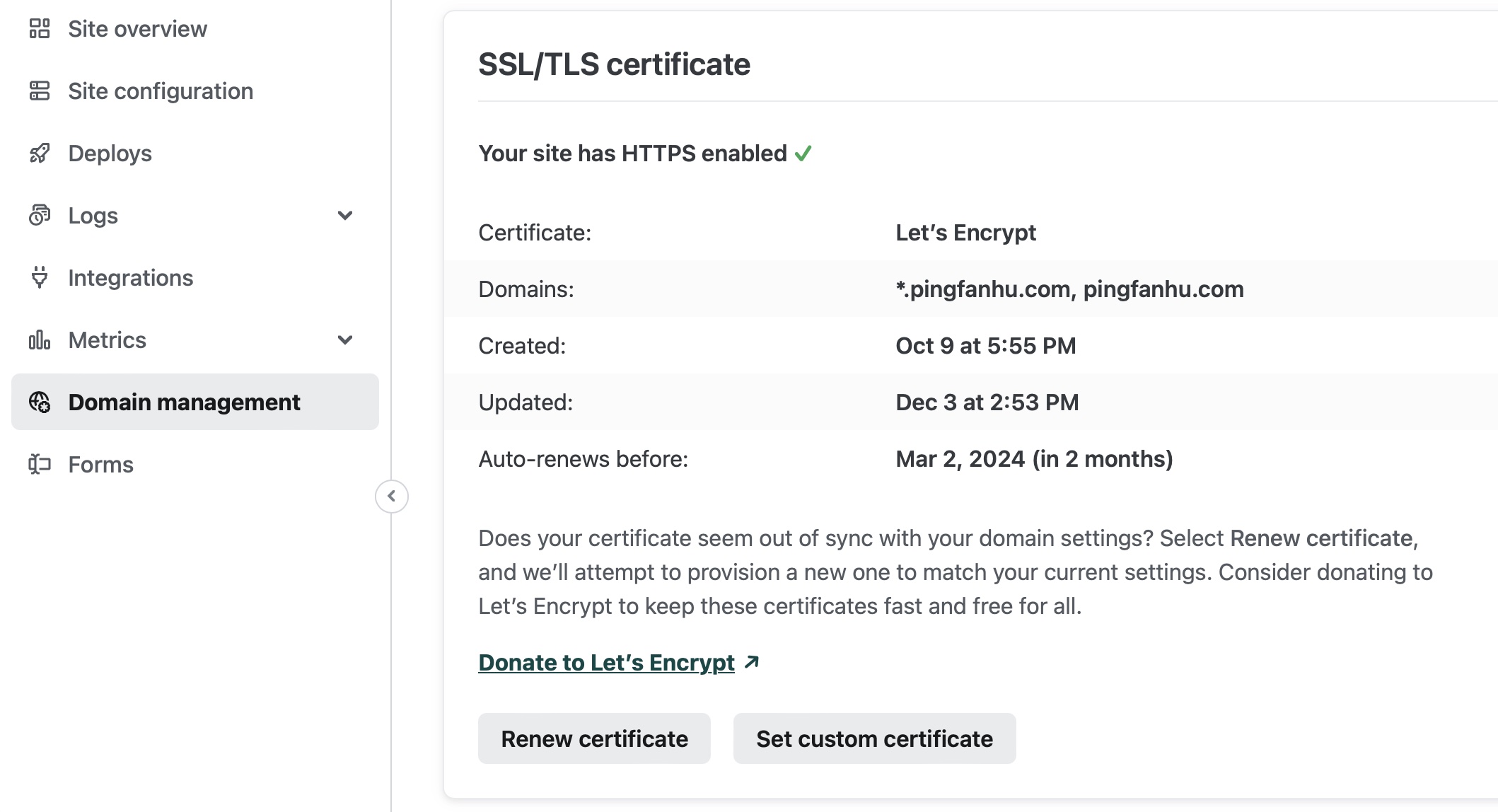 Figure 10: HTTPS is taken good care of by Netlify