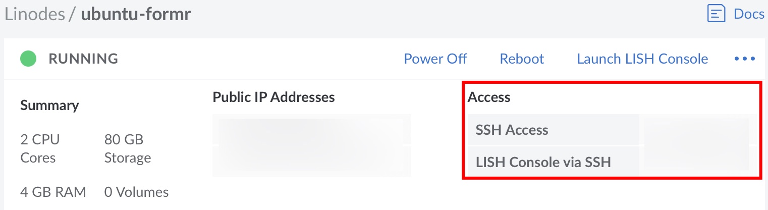 Figure 2: Click on the SSH Access contents to directly copy the command